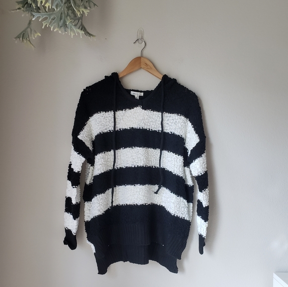 Hooded Striped High-low Knitted Pullover Sweater - Picture 2 of 10